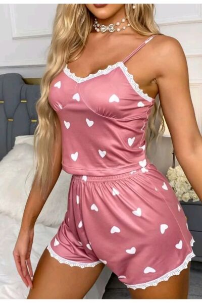 Likralı Şortlu Kalpli Dantel Kenarlı Pembe Pijama Takımı