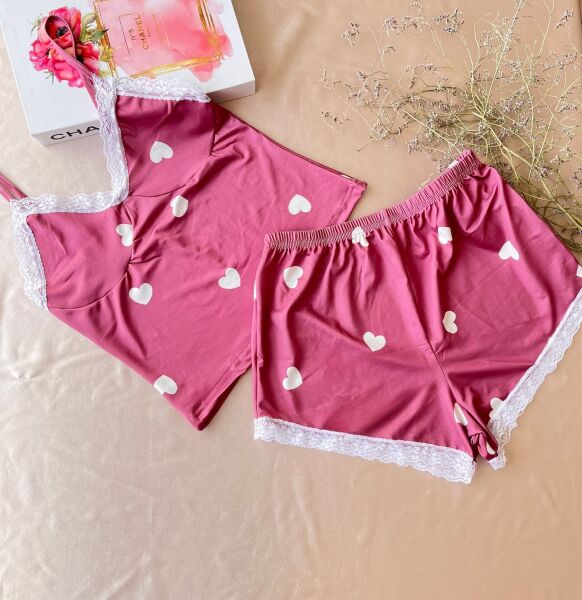 Likralı Şortlu Kalpli Dantel Kenarlı Pembe Pijama Takımı