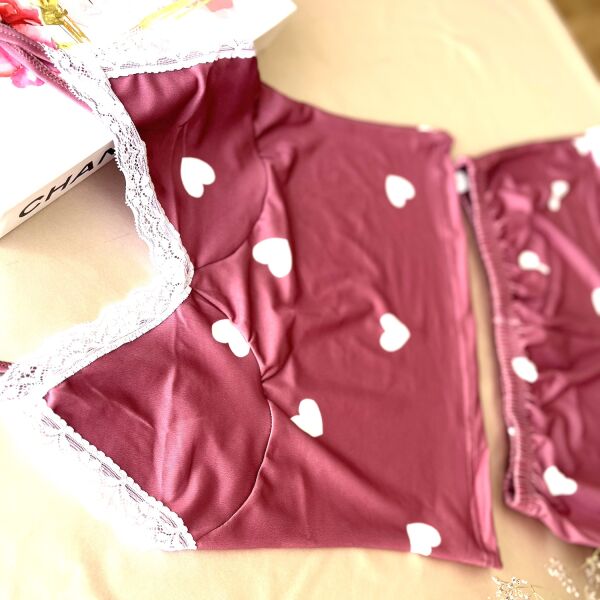 Likralı Şortlu Kalpli Dantel Kenarlı Pembe Pijama Takımı