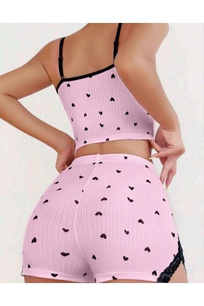 Likralı Şortlu Kalpli Dantelli Pembe Pijama Takımı