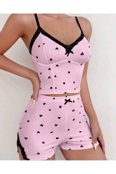 Likralı Şortlu Kalpli Dantelli Pembe Pijama Takımı