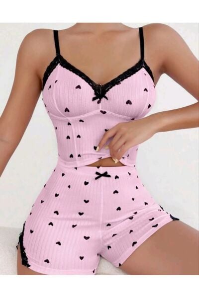 Likralı Şortlu Kalpli Dantelli Pembe Pijama Takımı