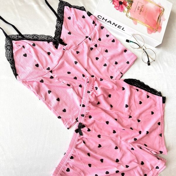 Likralı Şortlu Kalpli Dantelli Pembe Pijama Takımı