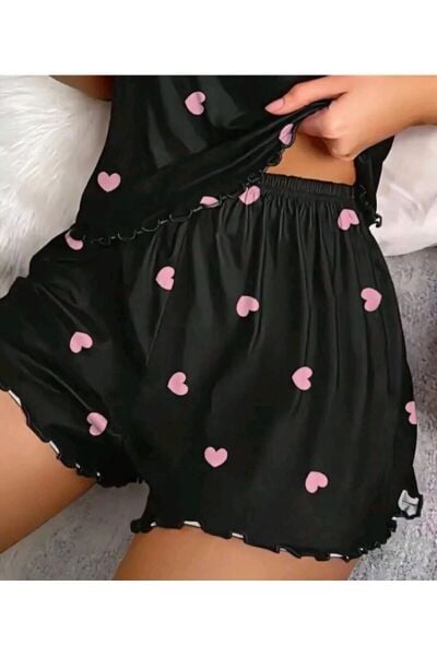 Likralı Şortlu Pembe Kalpli Siyah Pijama Takımı