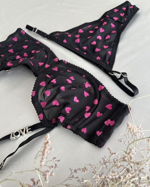 Love Taşlı Kalp Baskılı Siyah Sütyen Takım 80B