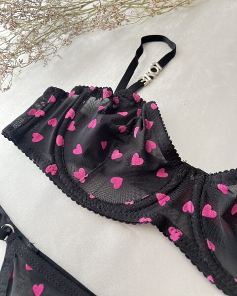 Love Taşlı Kalp Baskılı Siyah Sütyen Takım 80B