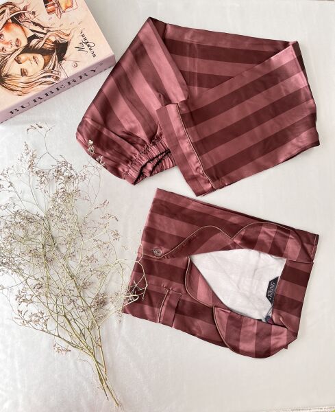 Saten Çizgi Desenli Gömlekli Kahverengi Pijama Takımı
