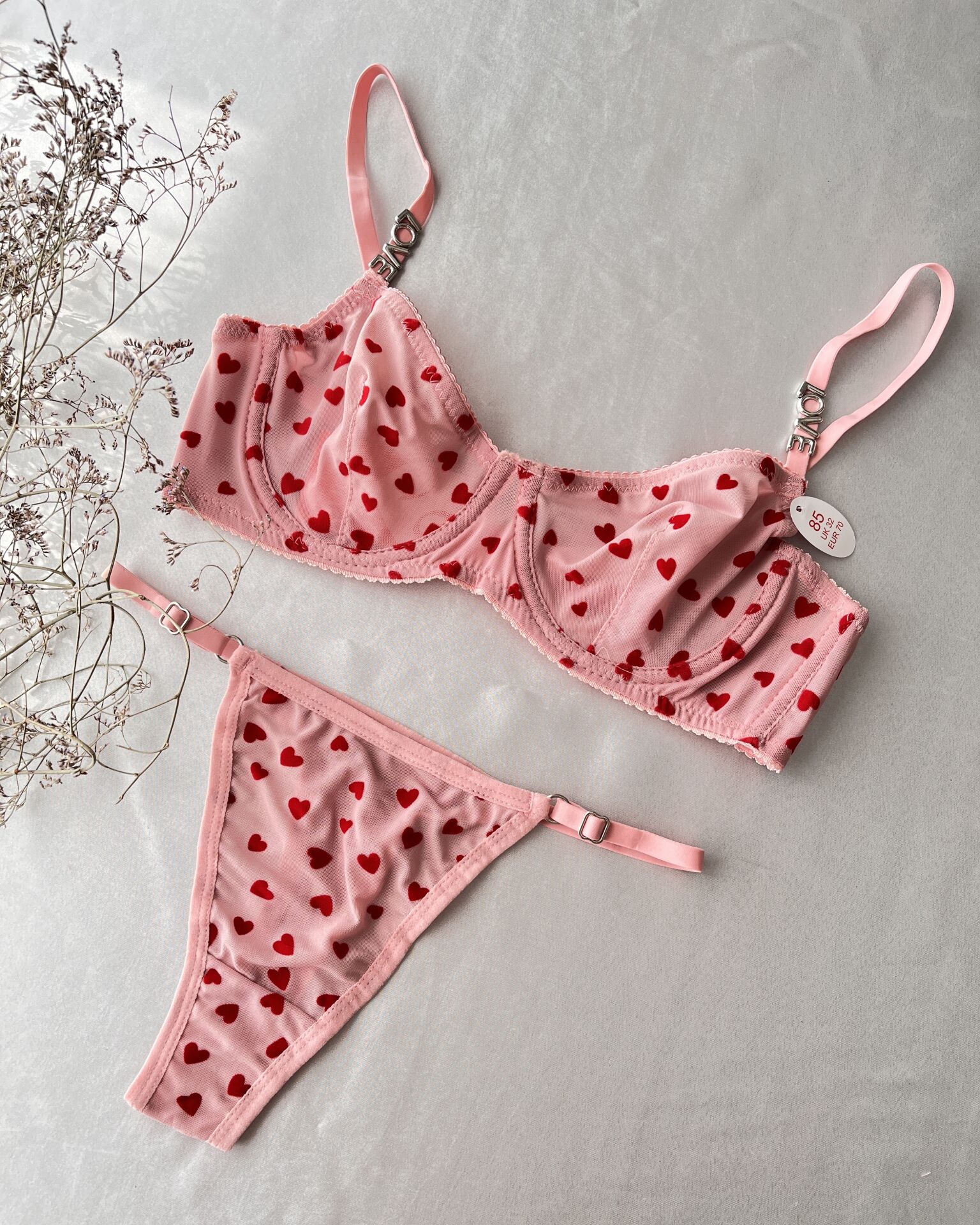 Love Taşlı Kalp Baskılı Pembe Sütyen Takım 75B