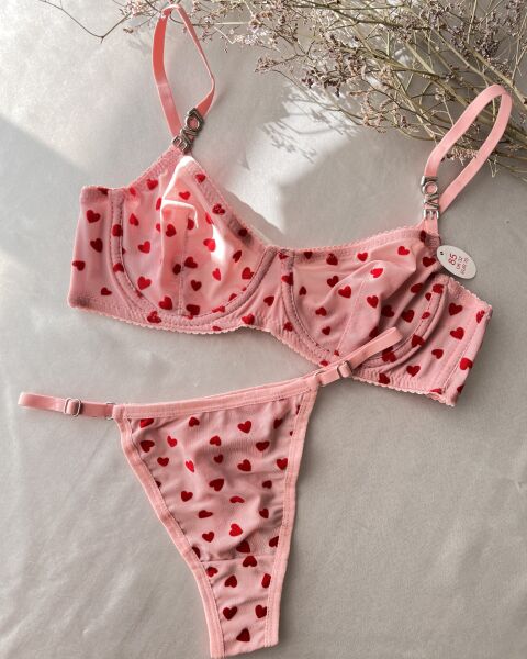 Love Taşlı Kalp Baskılı Pembe Sütyen Takım 75B
