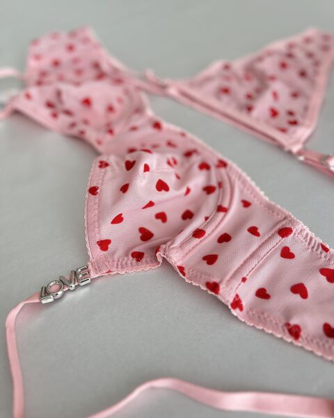 Love Taşlı Kalp Baskılı Pembe Sütyen Takım 75B