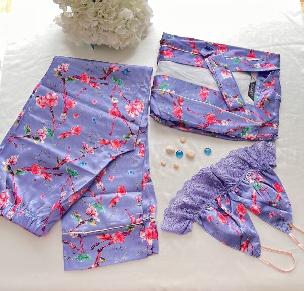Gök Mavi Çiçek Desenli 3 Parça Pijama Takımı -  Gecelik