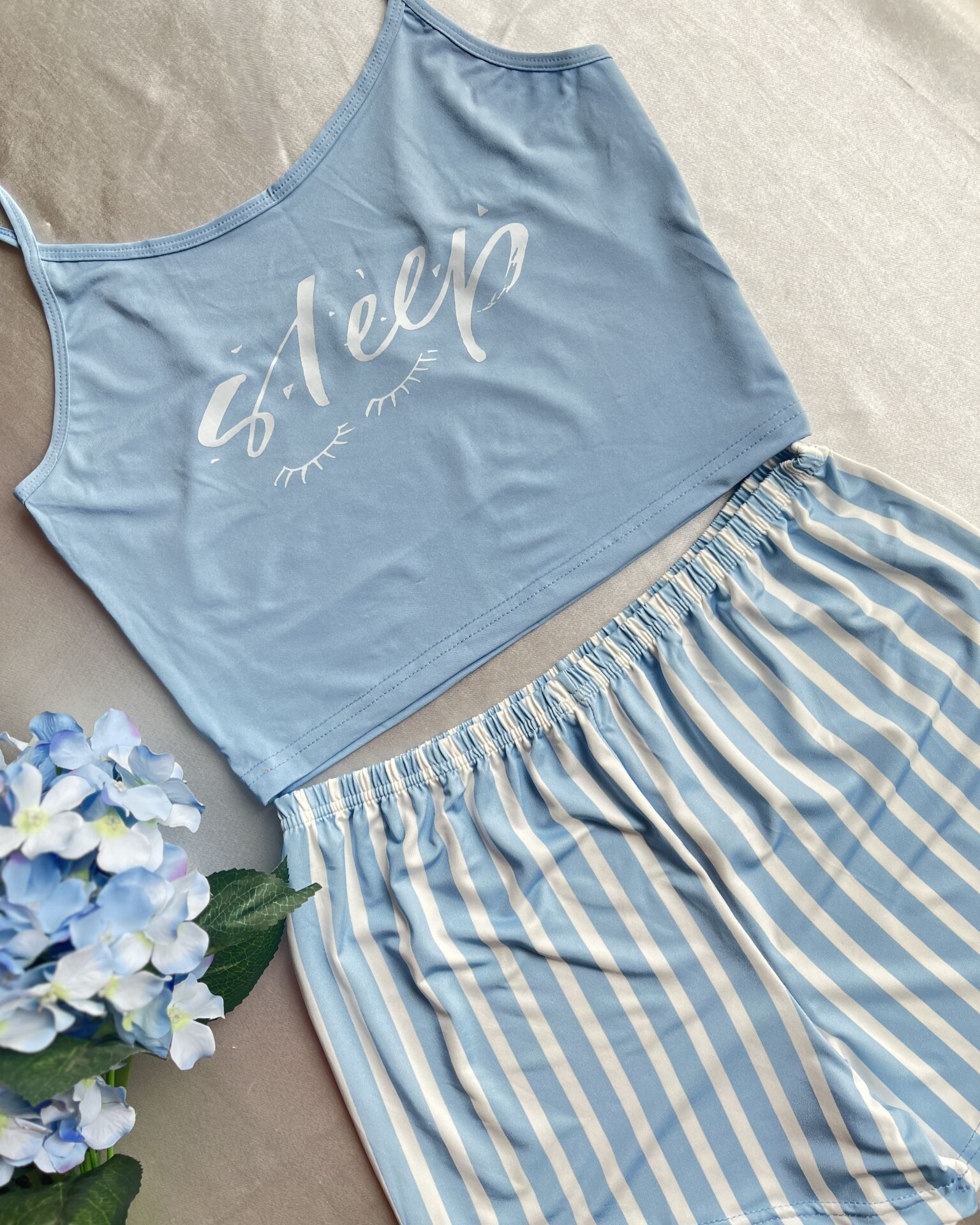 Likralı Mavi Çizgili Pijama Takımı