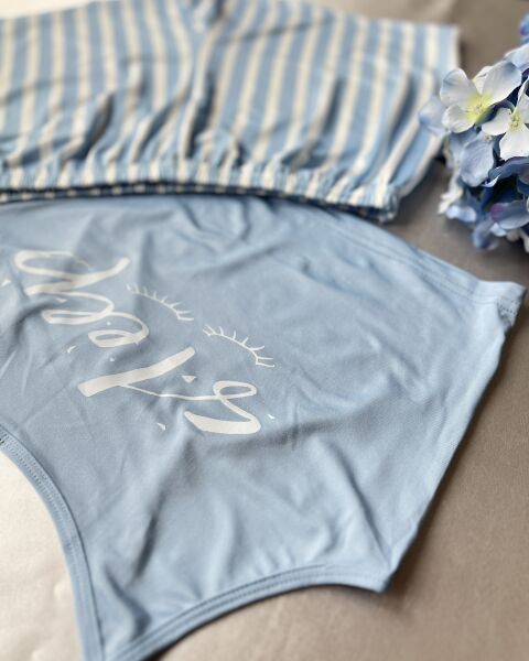 Likralı Mavi Çizgili Pijama Takımı