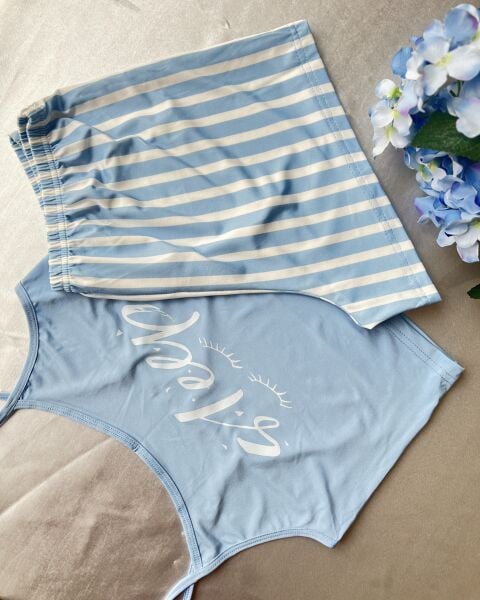 Likralı Mavi Çizgili Pijama Takımı