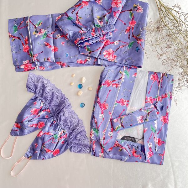 Gök Mavi Çiçek Desenli 3 Parça Pijama Takımı -  Gecelik