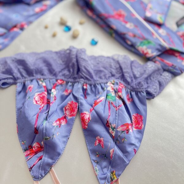 Gök Mavi Çiçek Desenli 3 Parça Pijama Takımı -  Gecelik
