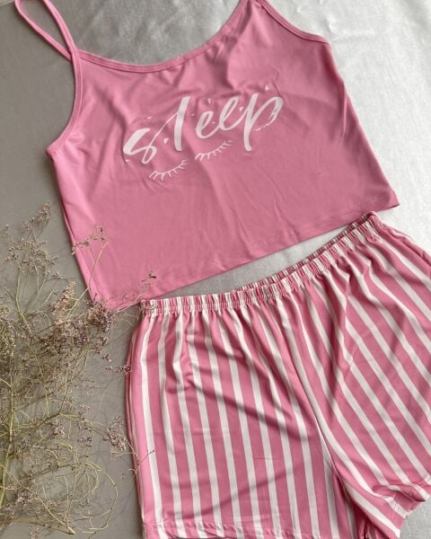 Likralı Pembe Çizgili Pijama Takımı