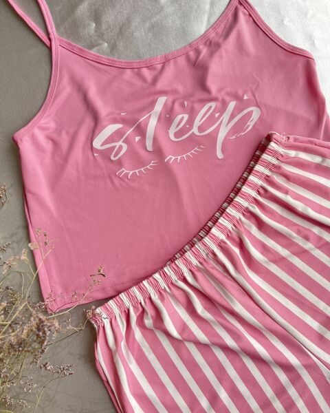Likralı Pembe Çizgili Pijama Takımı