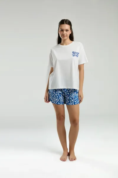 %100 Pamuklu Şortlu Beyaz Pijama Takımı