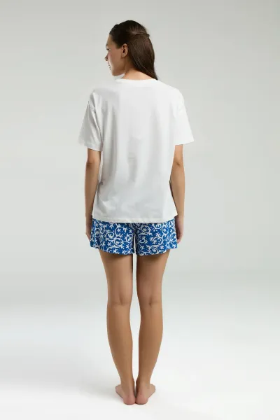 %100 Pamuklu Şortlu Beyaz Pijama Takımı