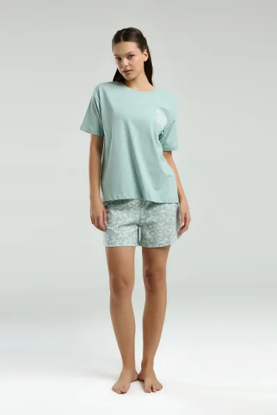 %100 Pamuklu Şortlu Yeşil Pijama Takımı